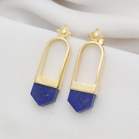 Lapis lazuli brass gold plated earrings, Natural gemstone earrings for everyday wear