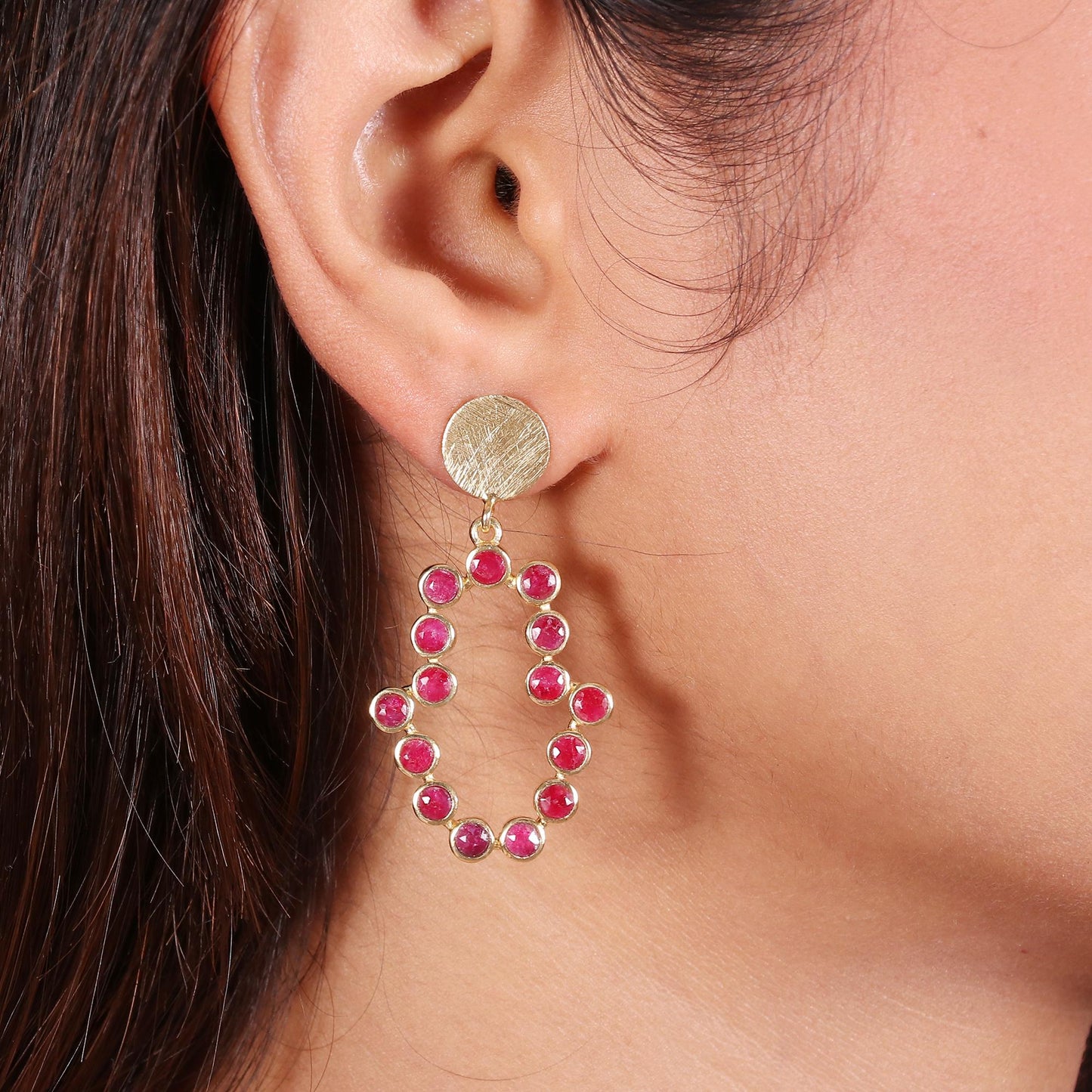Gold Plated Brass Ruby Hamsa Earrings, Spiritual Jewelry