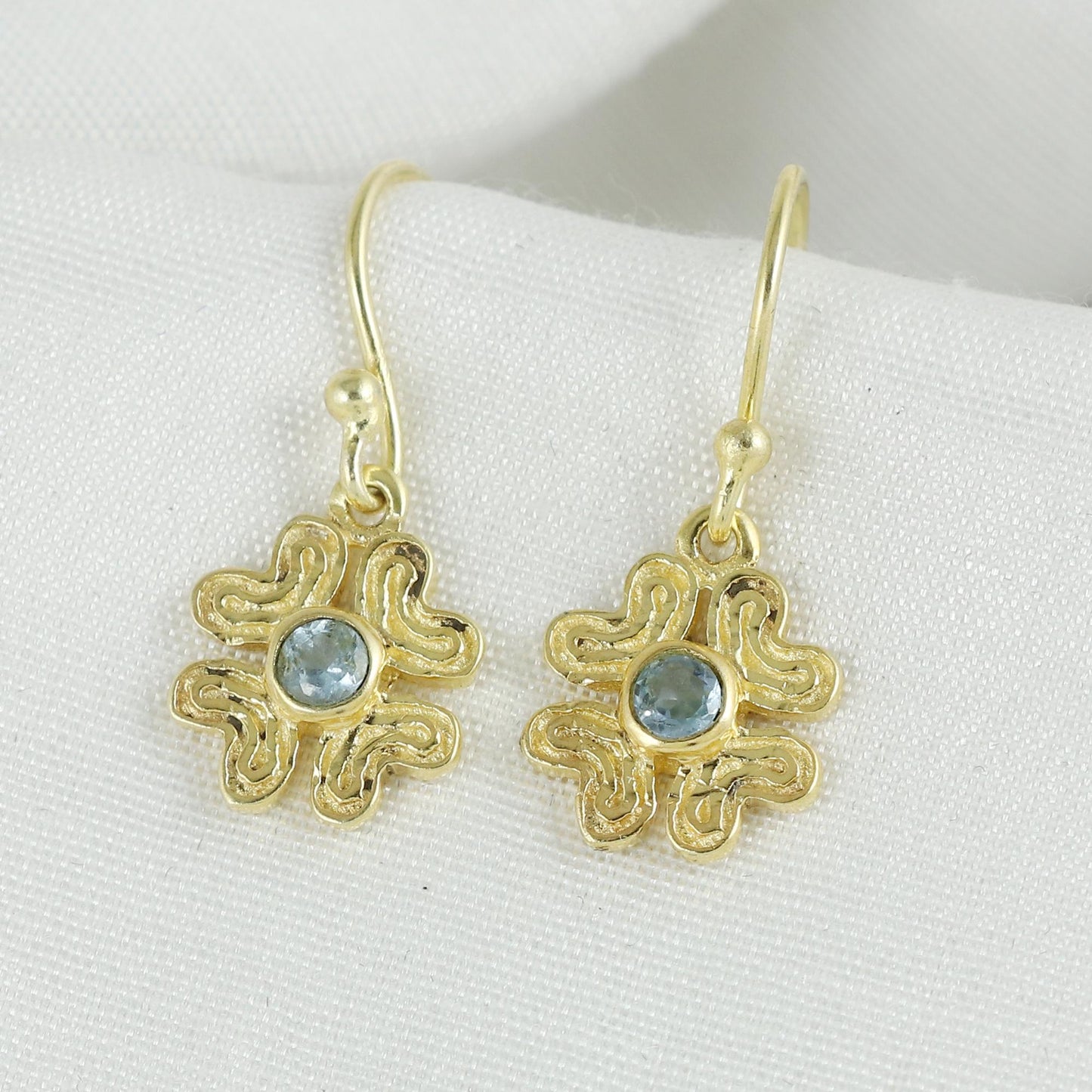 Gold Plated Brass Blue Topaz Clover Earrings