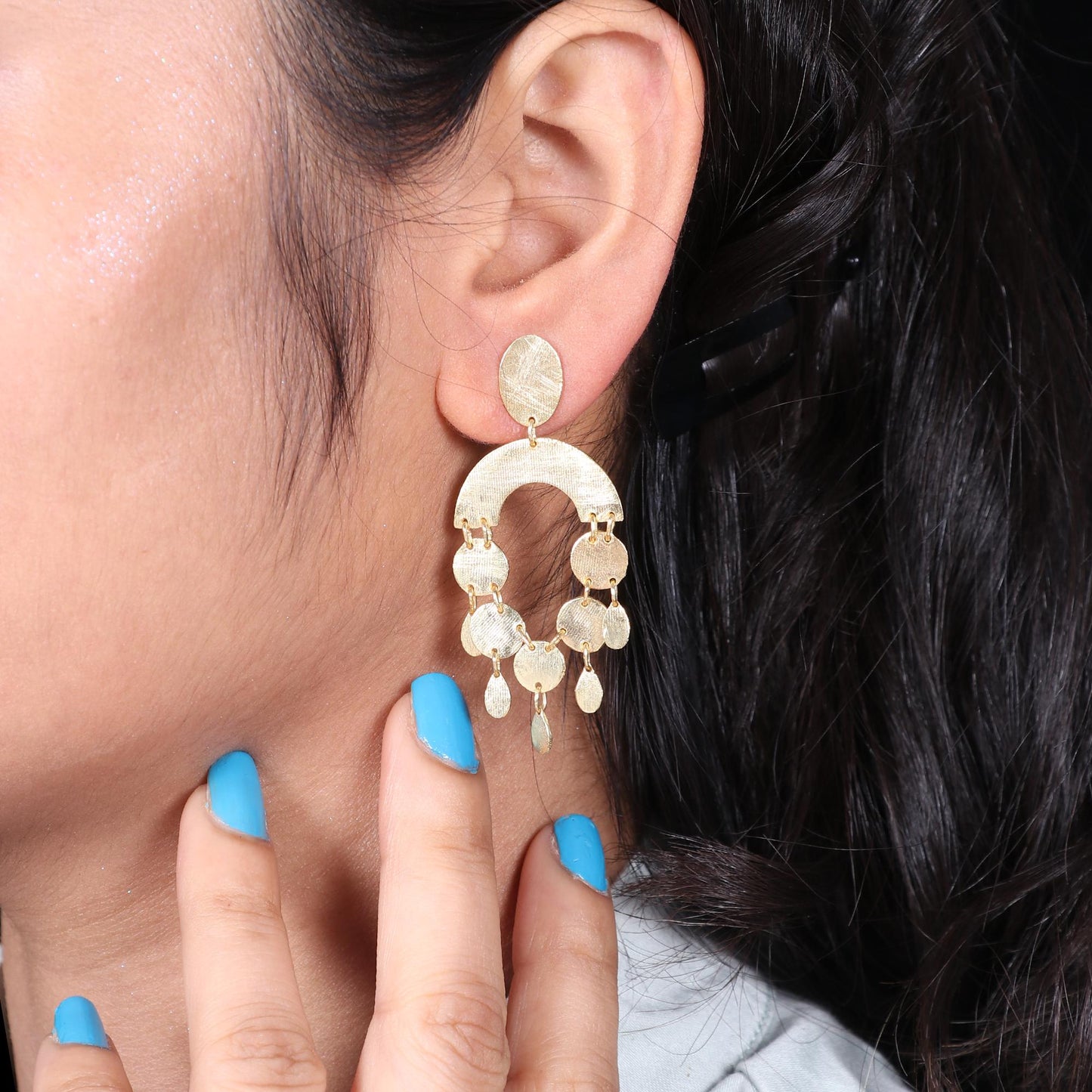 Gold plated brass long chandelier earrings with shiny brushed texture , Party wear earrings