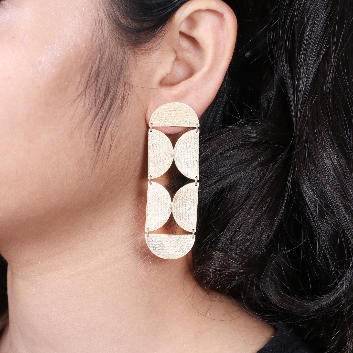 Gold plated brass long designer earrings with shiny brushed texture , Party wear earrings