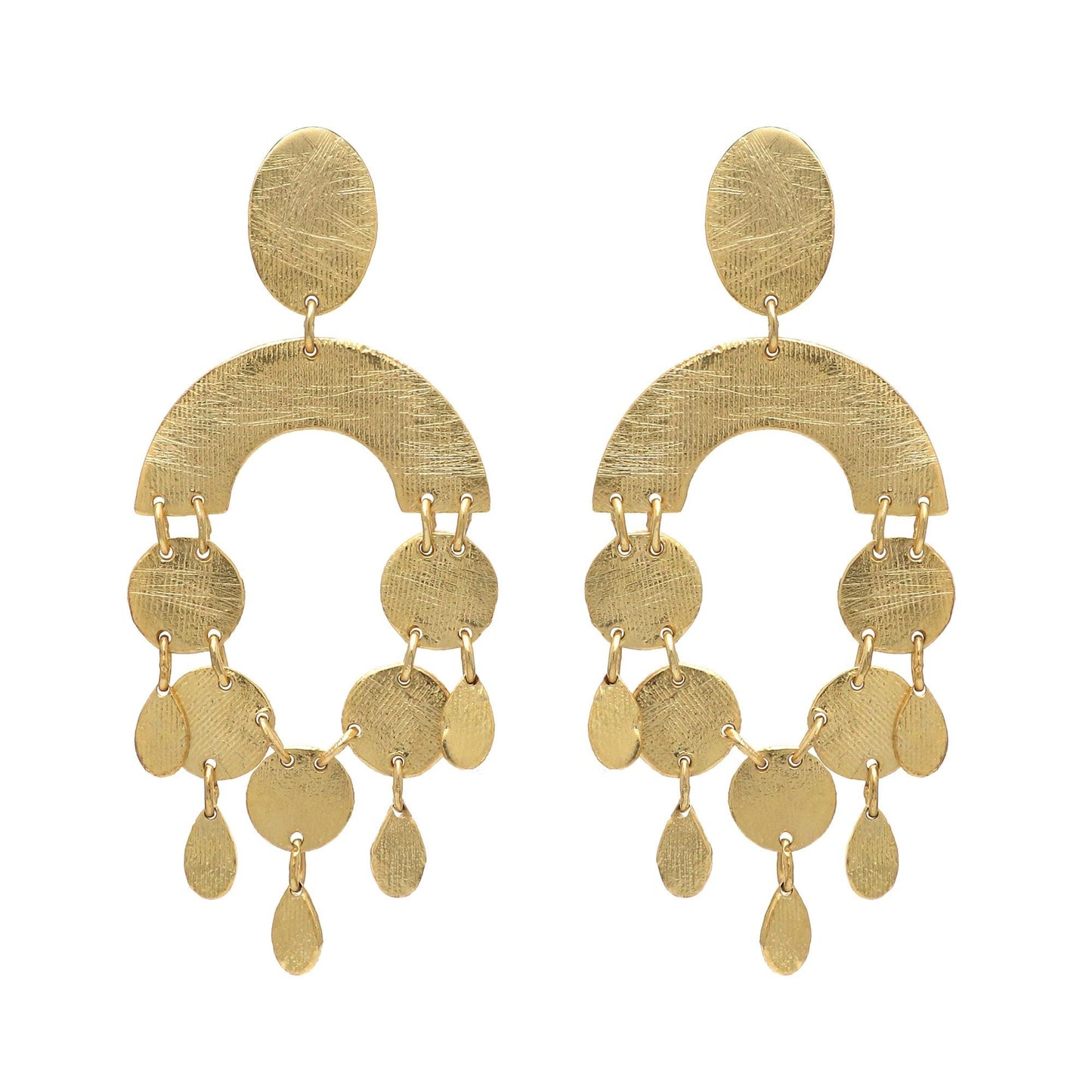 Gold plated brass long chandelier earrings with shiny brushed texture , Party wear earrings
