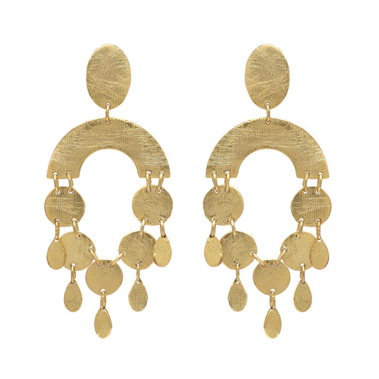Gold plated brass long chandelier earrings with shiny brushed texture , Party wear earrings