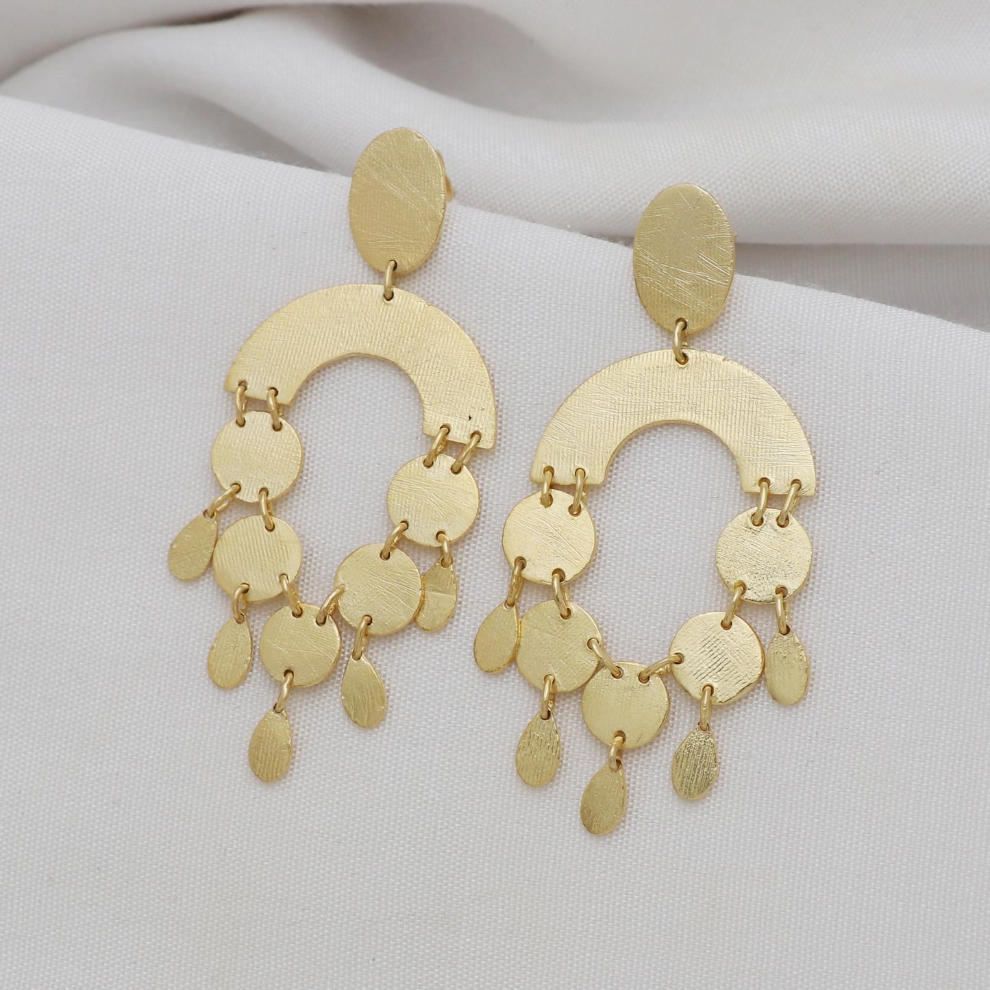 Gold plated brass long chandelier earrings with shiny brushed texture , Party wear earrings
