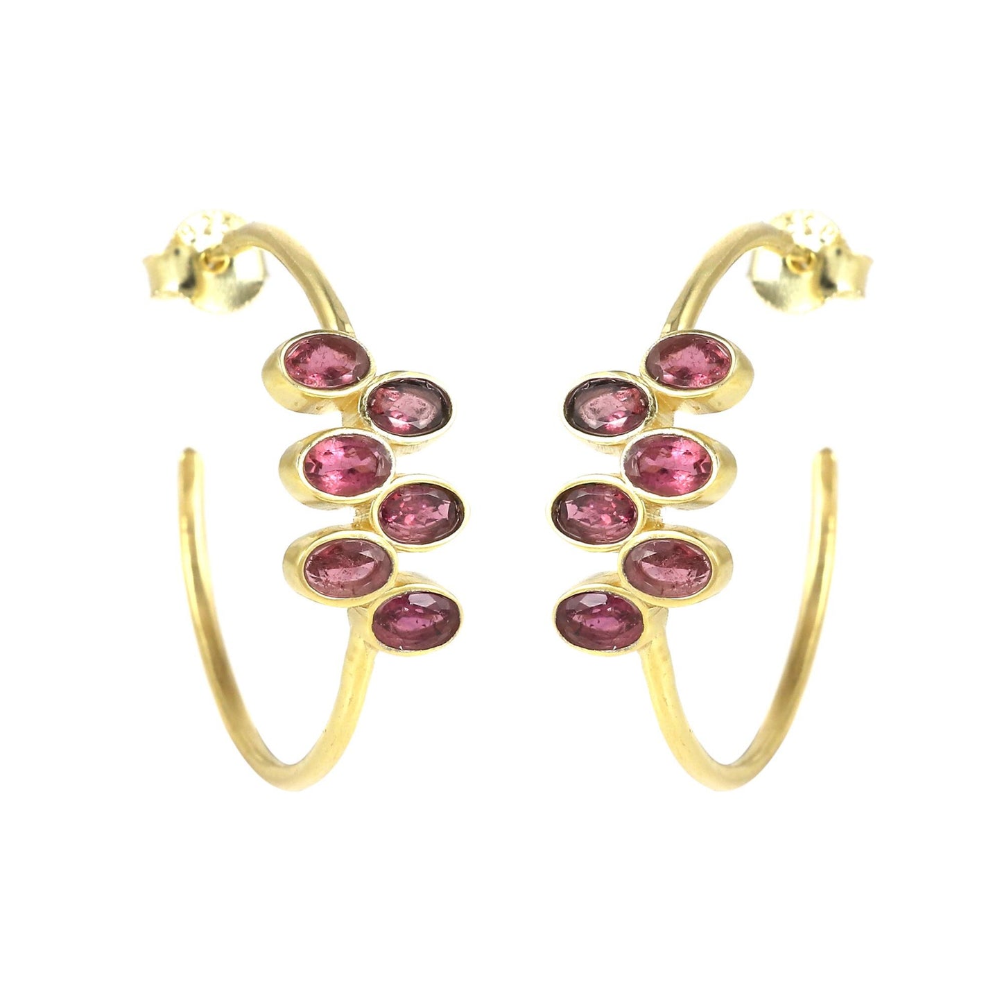 Gold Plated Brass Pink Tourmaline Hoop Earrings, 34mm Round Party Jewelry