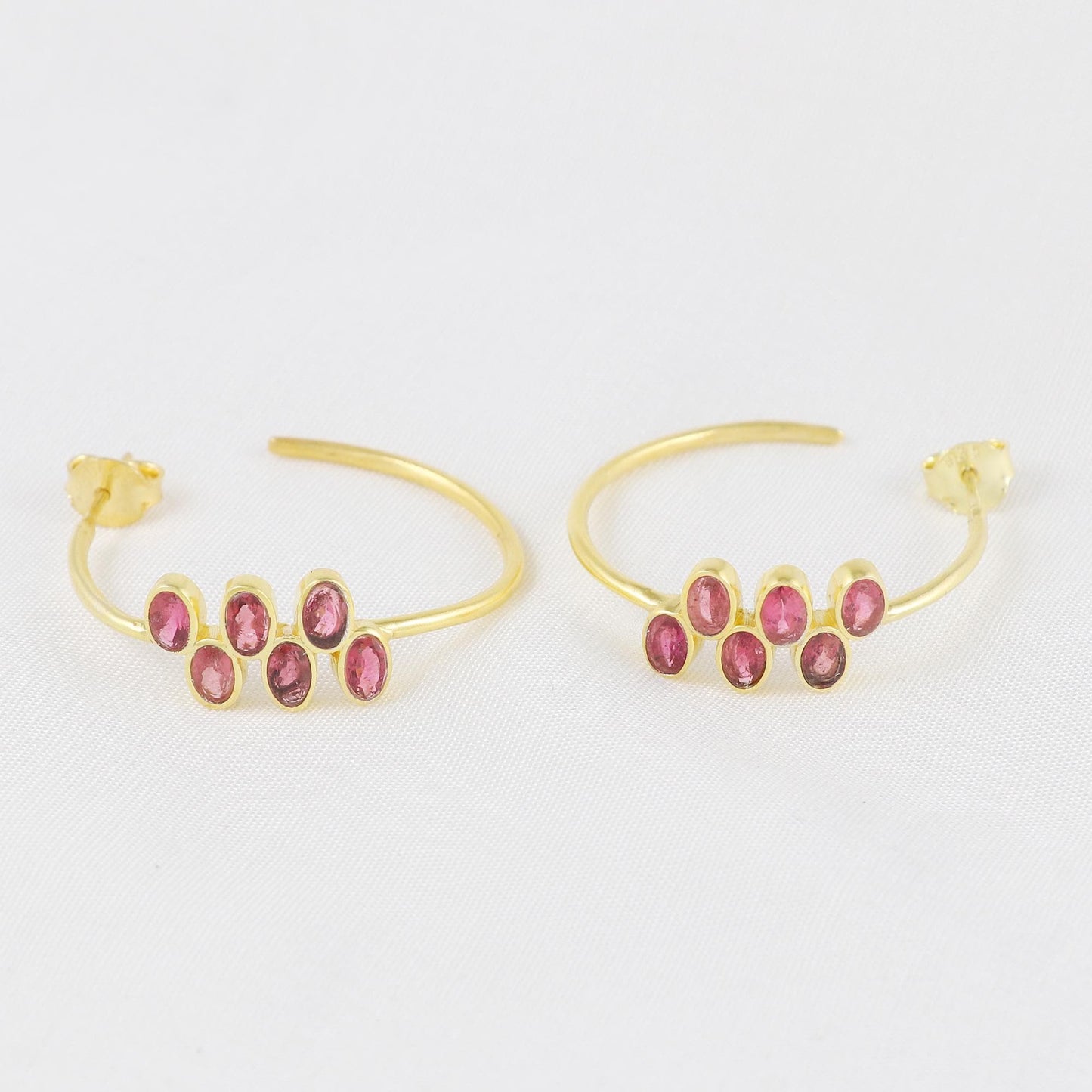 Gold Plated Brass Pink Tourmaline Hoop Earrings, 34mm Round Party Jewelry