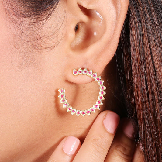 Gold Plated Brass Ruby Hoop Earrings, 22mm Round, Minimal Daily Wear