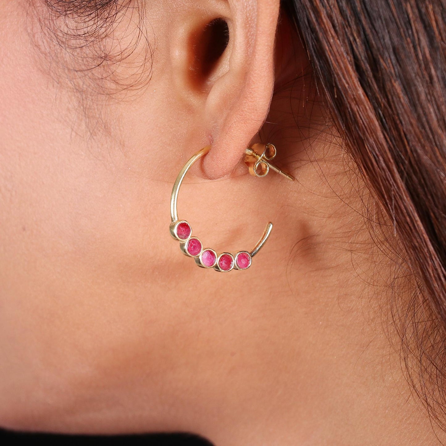 Gold Plated Brass Ruby Hoop Earrings, Minimal Daily Wear, 24mm Round Gemstone Pair