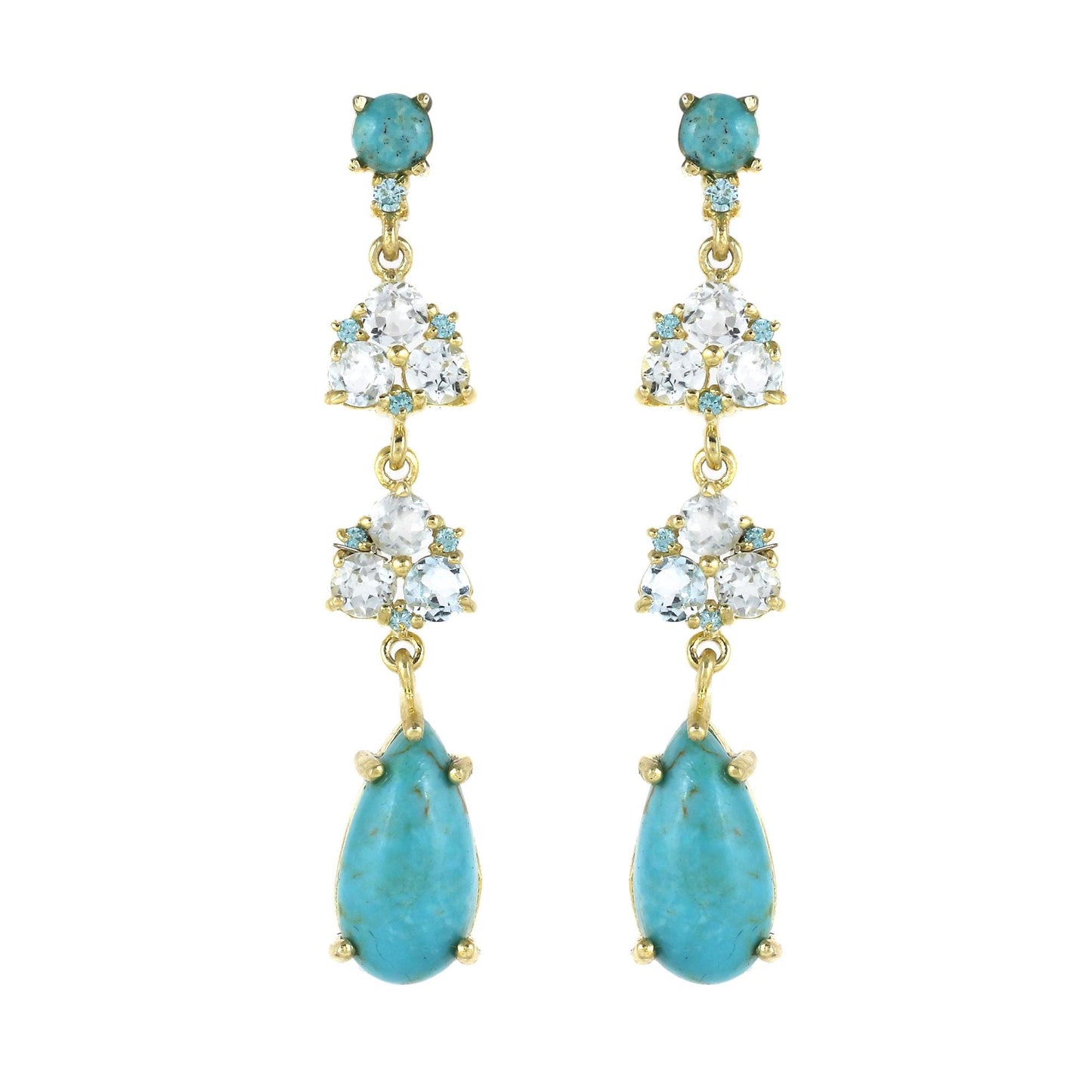 Gold Plated Brass Blue Topaz and Turquoise Long Party Wear Earrings for Women