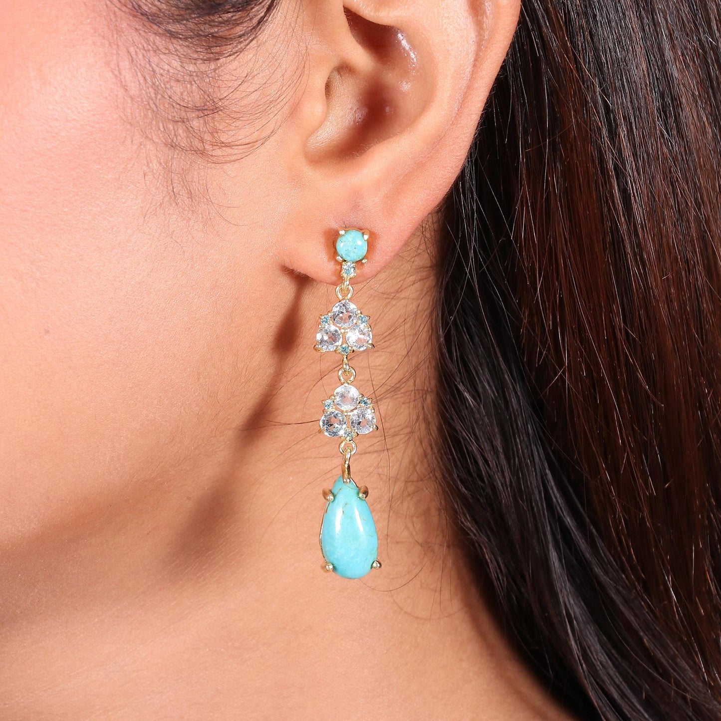 Gold Plated Brass Blue Topaz and Turquoise Long Party Wear Earrings for Women