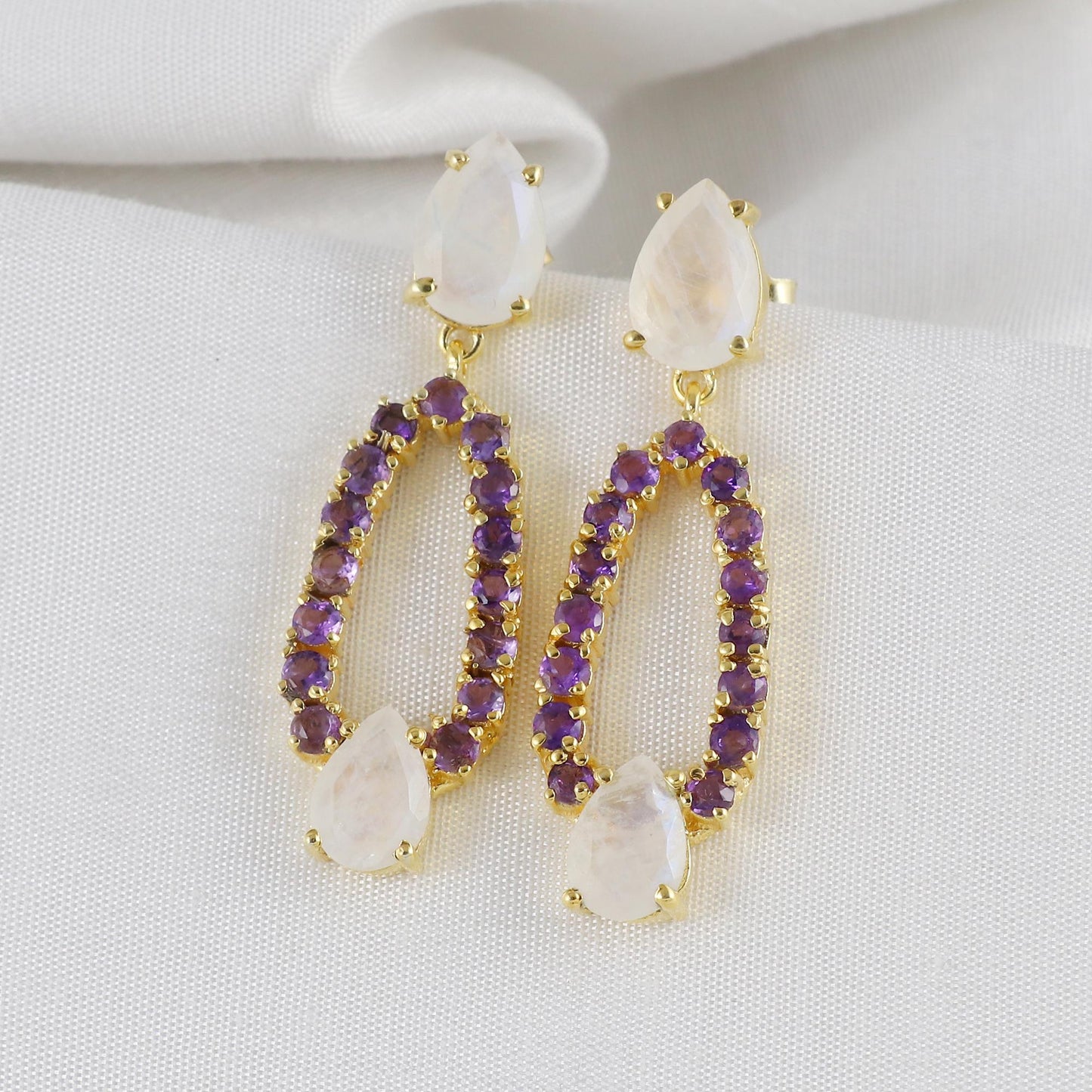 Gold Plated Brass Amethyst Rainbow Moonstone Oval Drop Earrings, Prong Setting