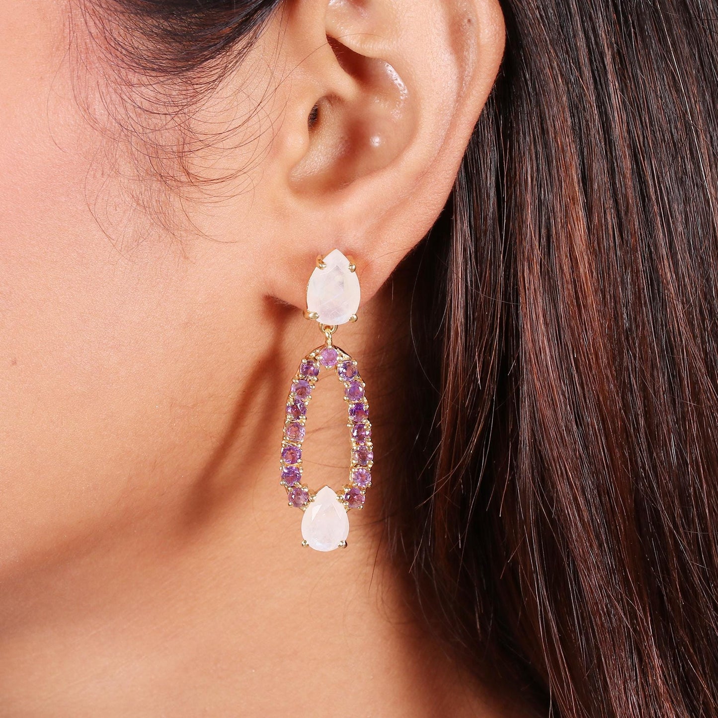 Gold Plated Brass Amethyst Rainbow Moonstone Oval Drop Earrings, Prong Setting