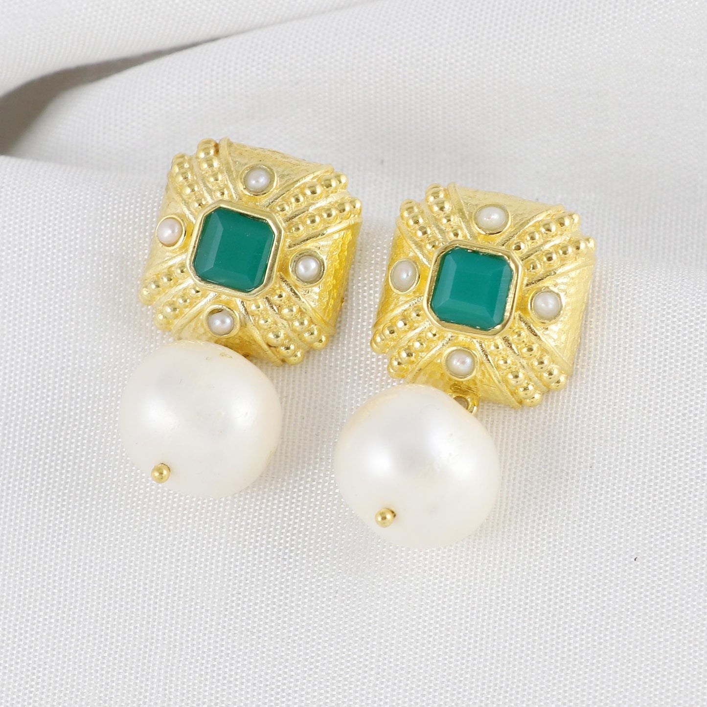 Gold Plated Brass Pearl and Green onyx Statement Cushion Earrings