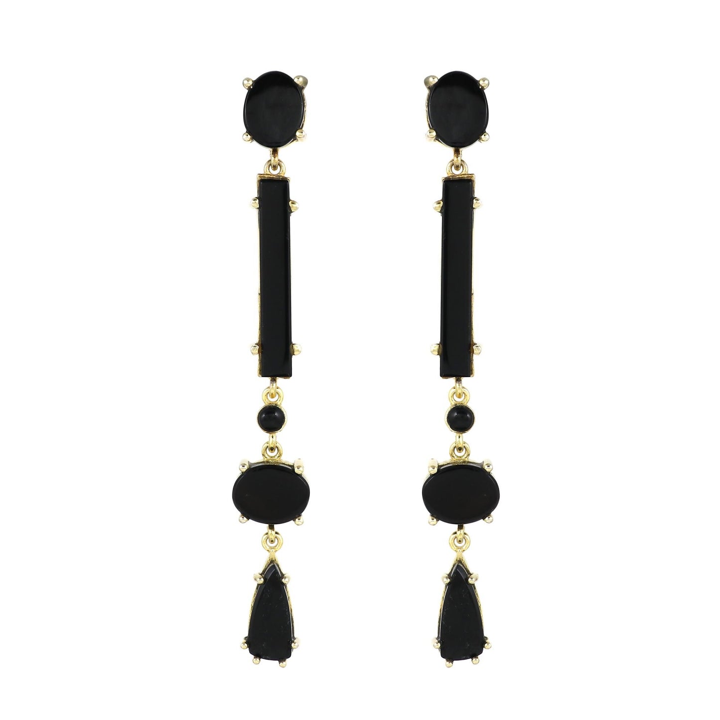 Gold Plated Brass Black Onyx Long Party Wear geometric Earrings for Women