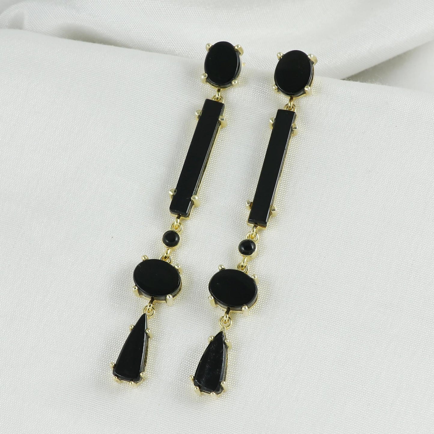 Gold Plated Brass Black Onyx Long Party Wear geometric Earrings for Women