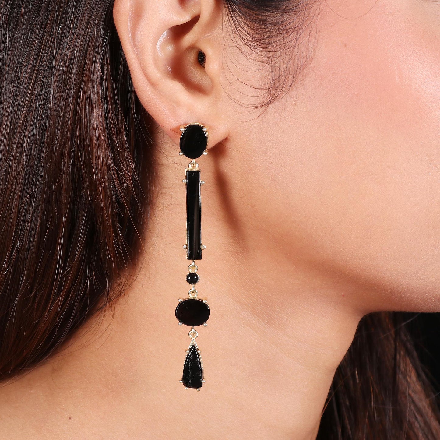 Gold Plated Brass Black Onyx Long Party Wear geometric Earrings for Women