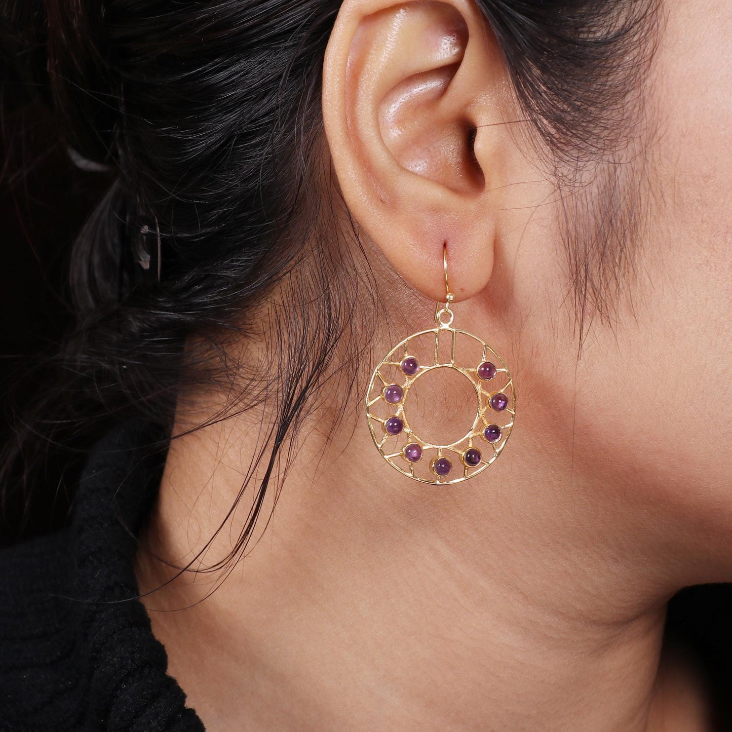 Gold Plated Brass Amethyst Round Earrings, Multi gemstone filigree earrings
