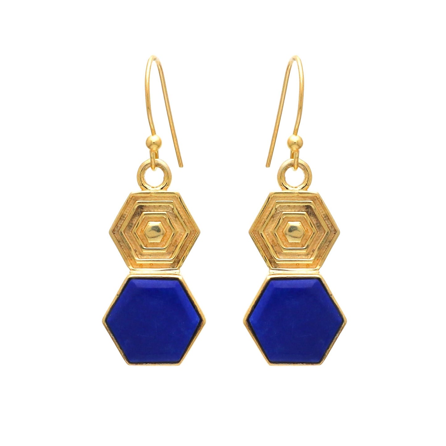 Lapis lazuli brass gold plated earrings, Natural hexagon shape gemstone earrings for everyday wear
