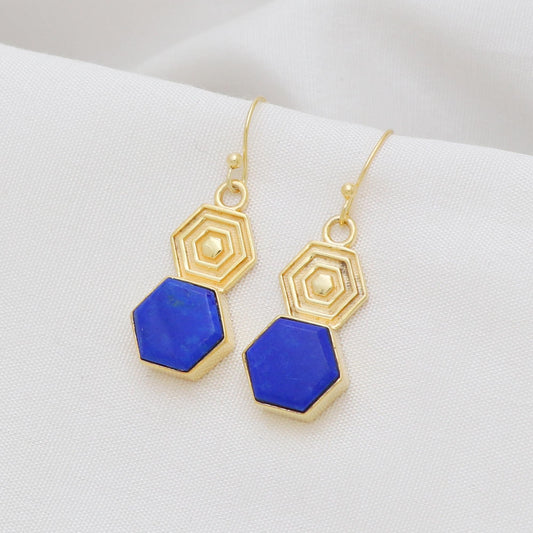 Lapis lazuli brass gold plated earrings, Natural hexagon shape gemstone earrings for everyday wear