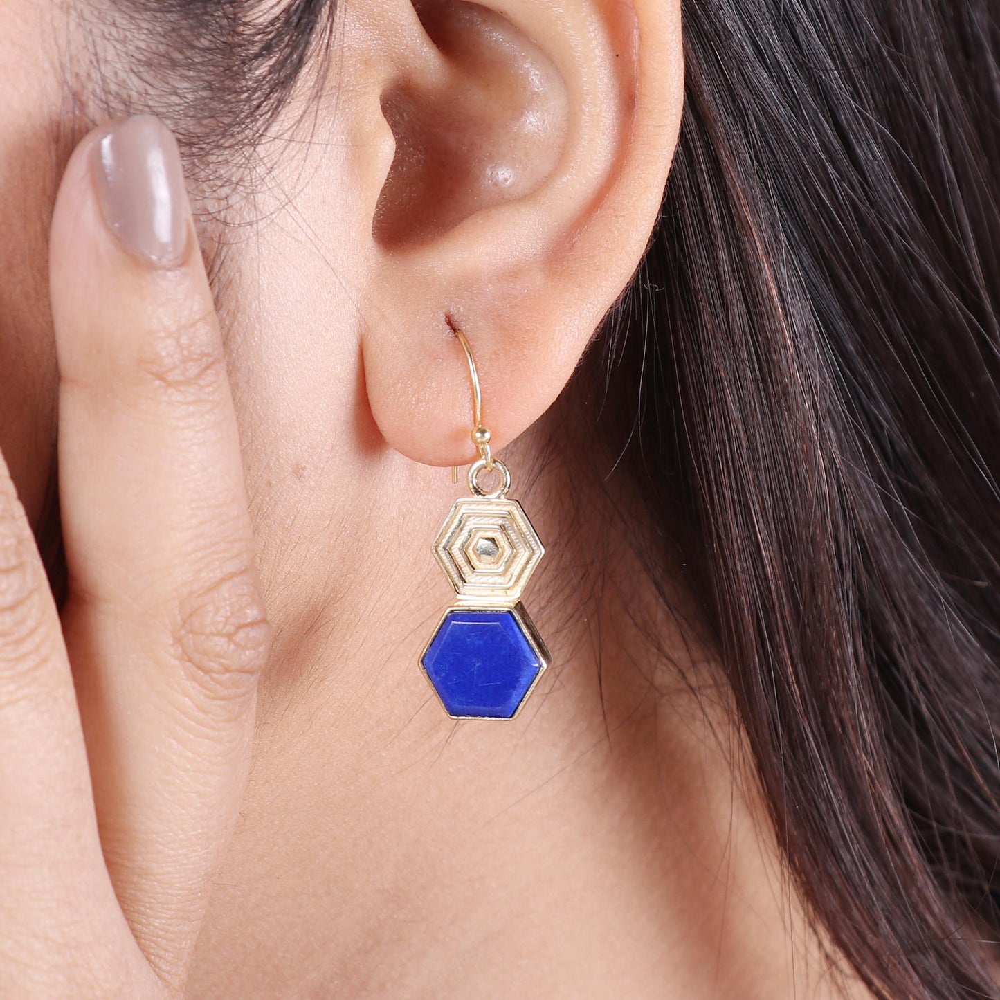 Lapis lazuli brass gold plated earrings, Natural hexagon shape gemstone earrings for everyday wear