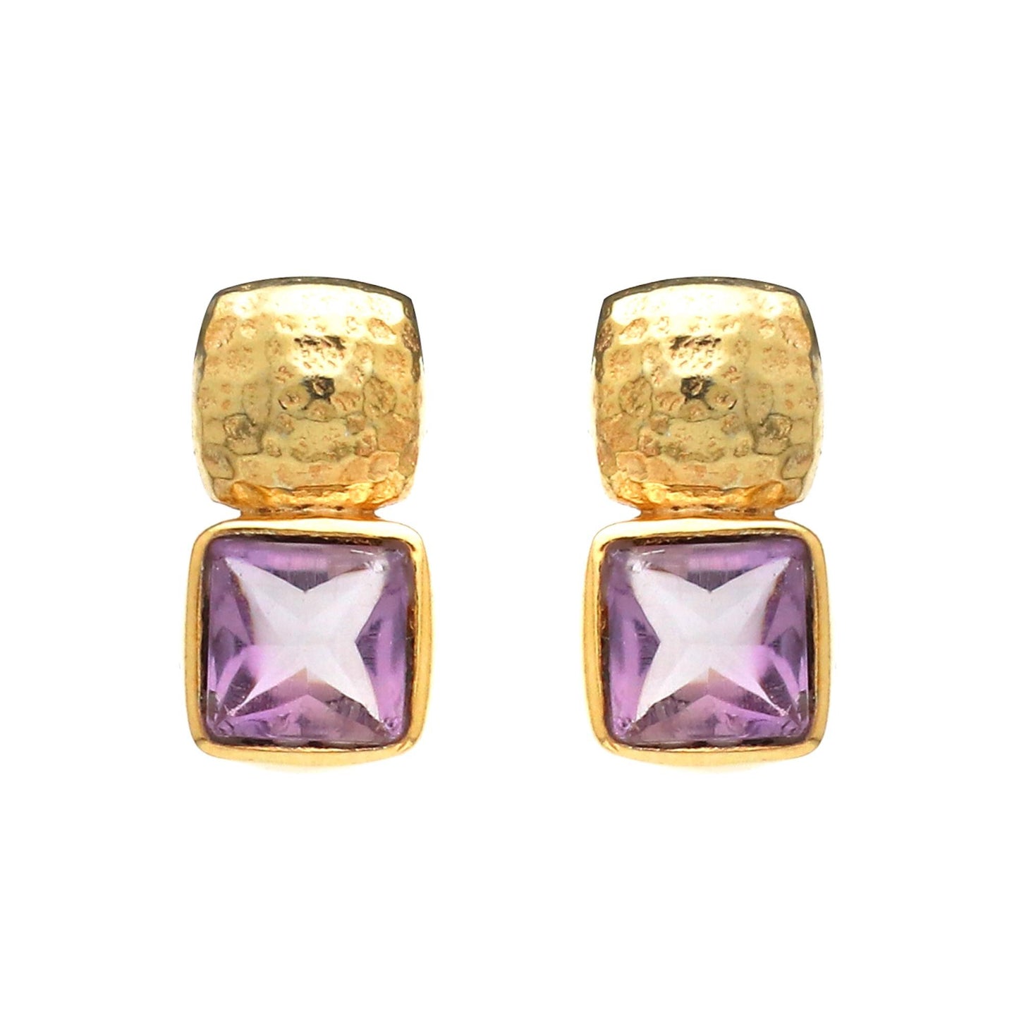 Gold Plated Brass Square Amethyst Earrings, Office wear studs for women