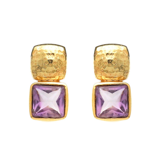 Gold Plated Brass Square Amethyst Earrings, Office wear studs for women