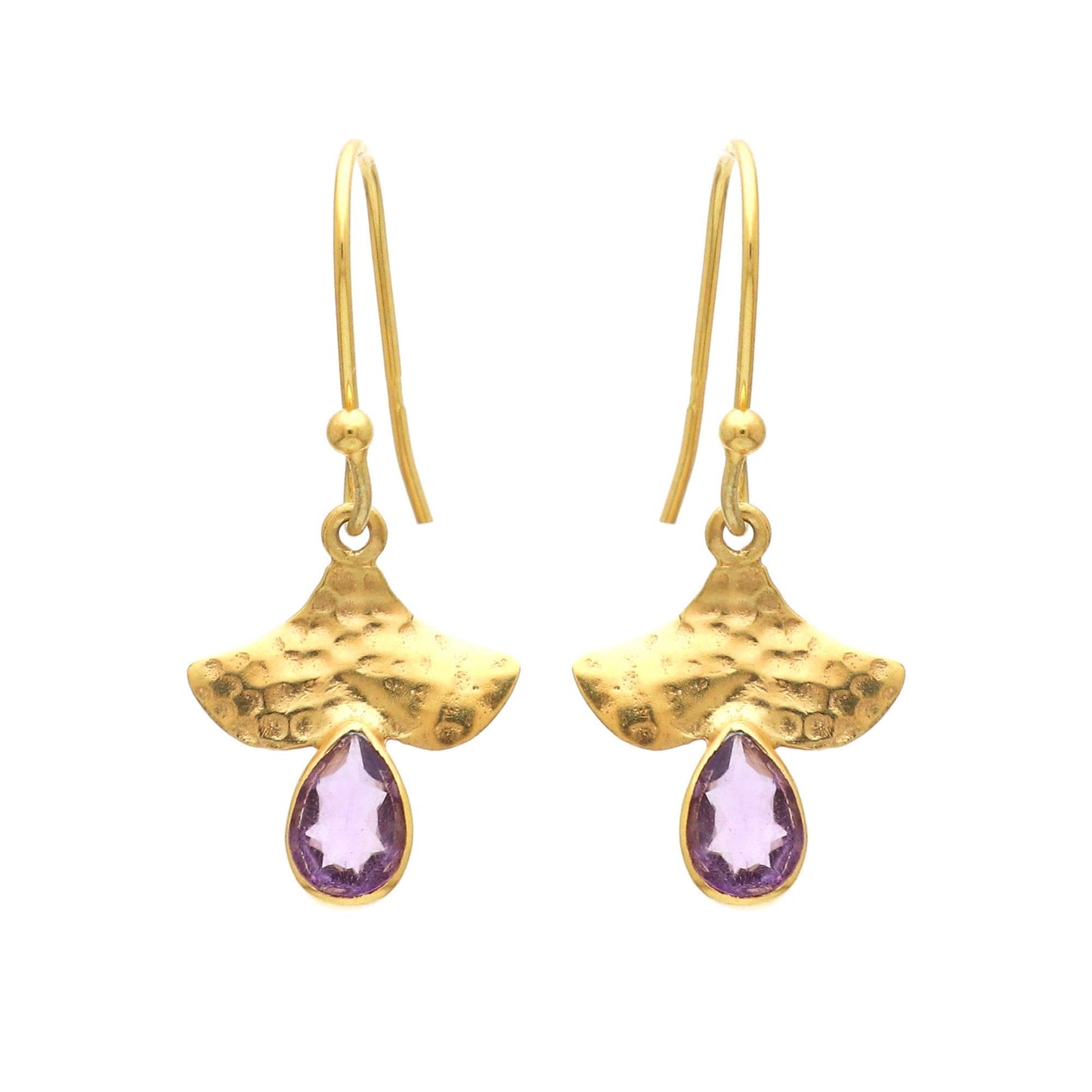 Gold Plated Brass Amethyst Earrings, Office wear jewelry for women, Hammered Finish