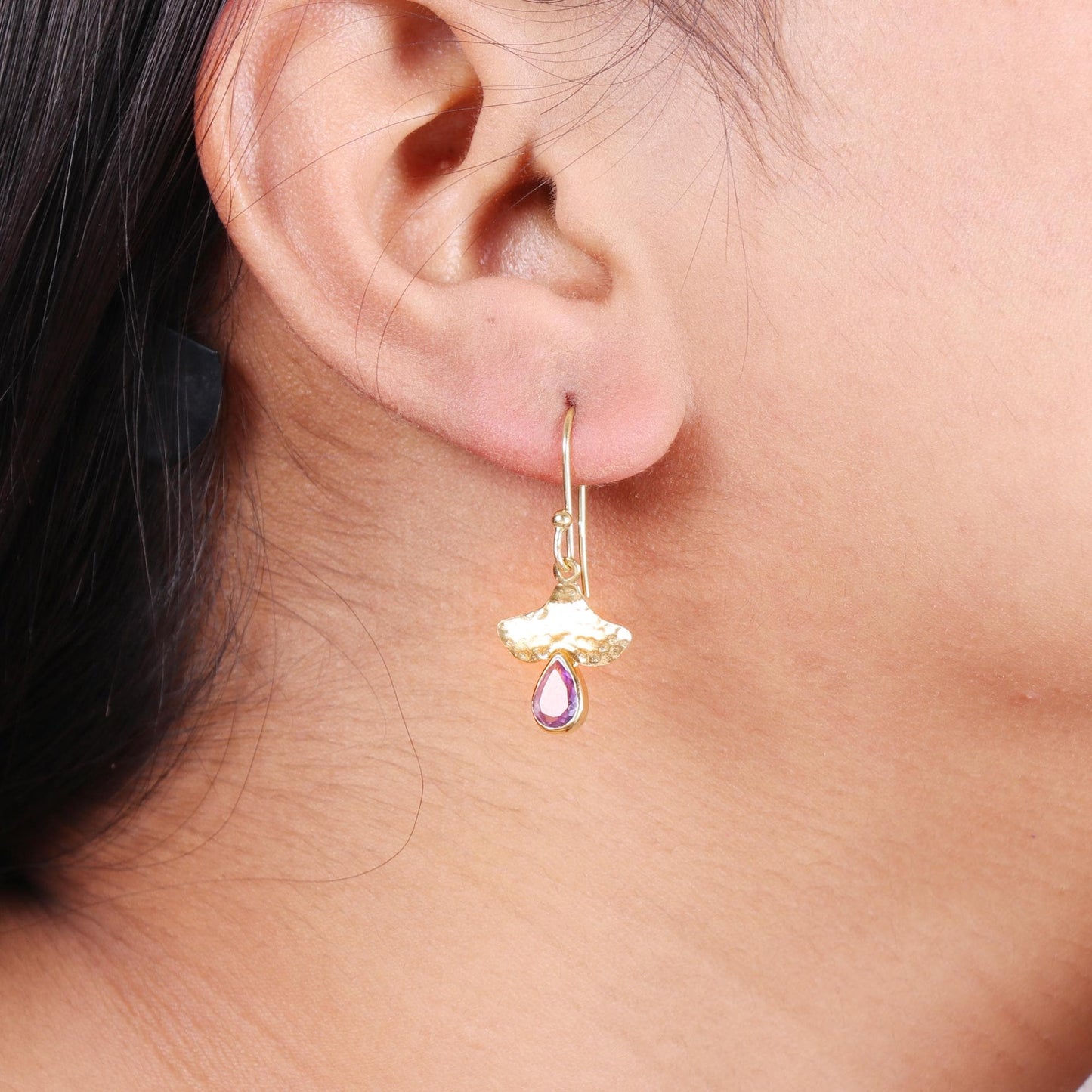 Gold Plated Brass Amethyst Earrings, Office wear jewelry for women, Hammered Finish