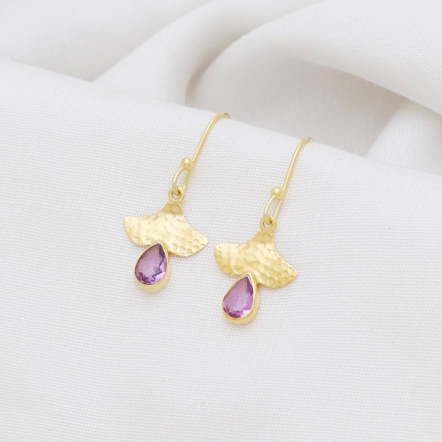 Gold Plated Brass Amethyst Earrings, Office wear jewelry for women, Hammered Finish
