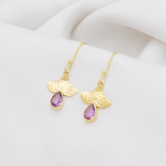 Gold Plated Brass Amethyst Earrings, Office wear jewelry for women, Hammered Finish