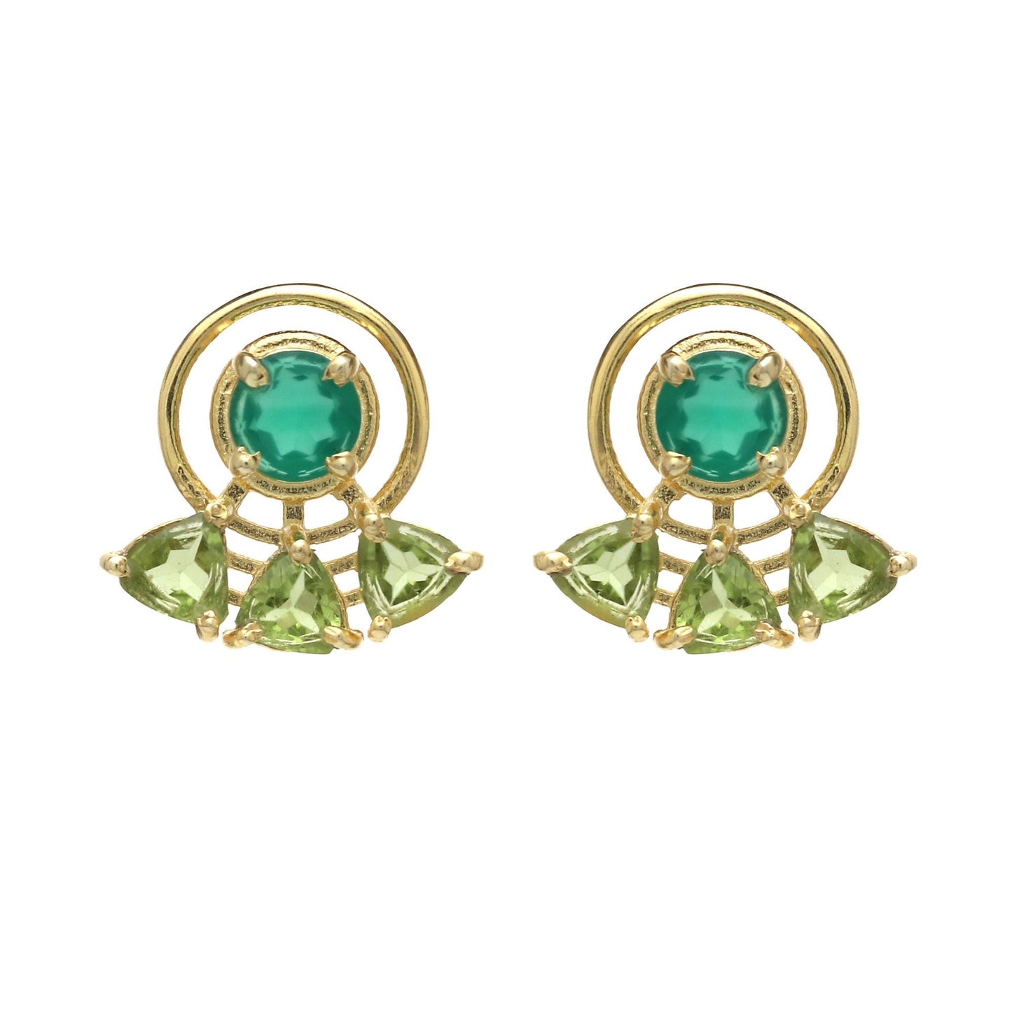 Multi Stone Gold Plated Brass Peridot and Green Onyx Stud Earrings, Office wear studs