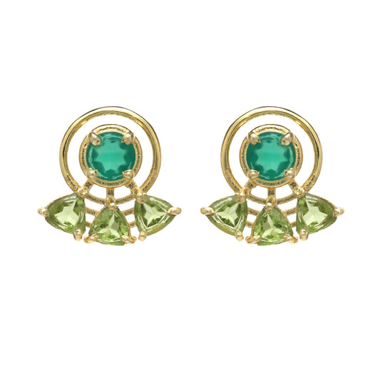 Multi Stone Gold Plated Brass Peridot and Green Onyx Stud Earrings, Office wear studs
