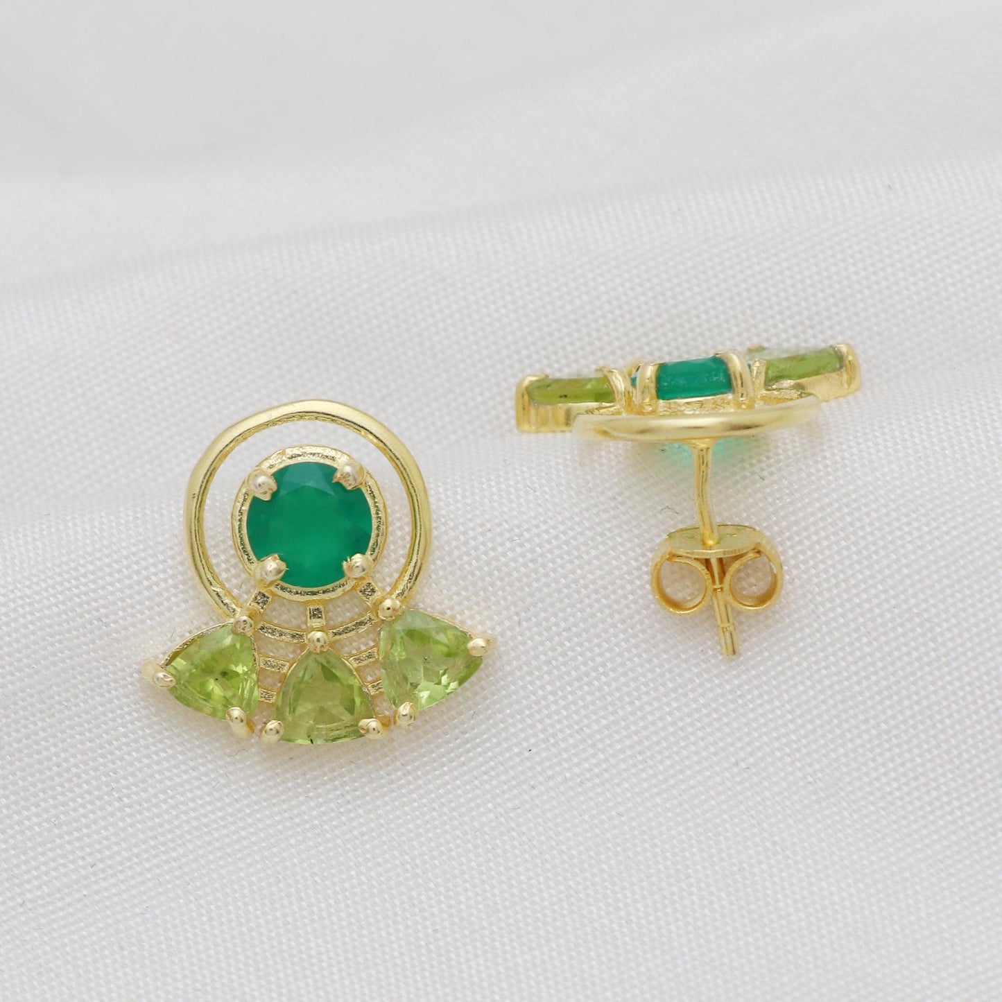 Multi Stone Gold Plated Brass Peridot and Green Onyx Stud Earrings, Office wear studs