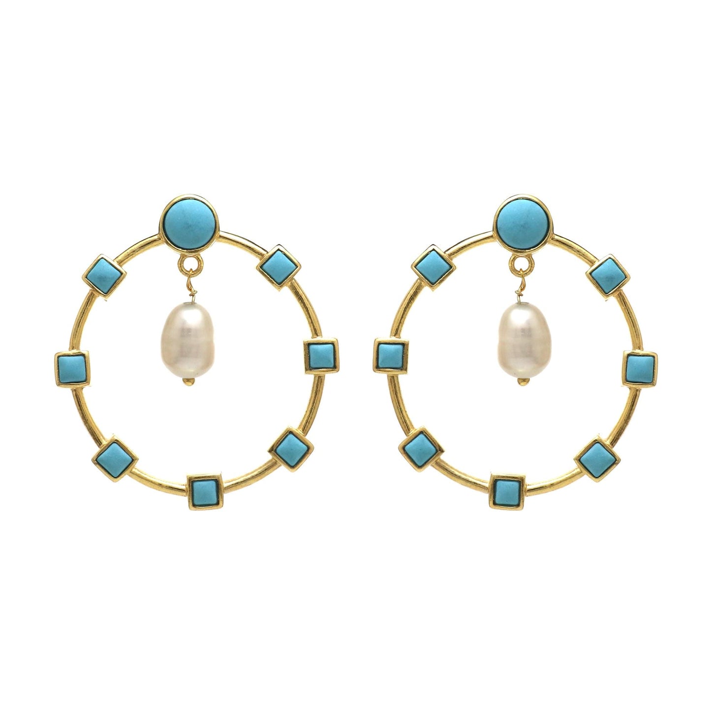 Gold Plated Brass Turquoise and Pearl Big Round Multi Stone Stud Earrings for Women