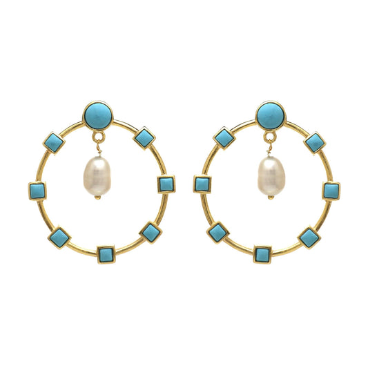 Gold Plated Brass Turquoise and Pearl Big Round Multi Stone Stud Earrings for Women