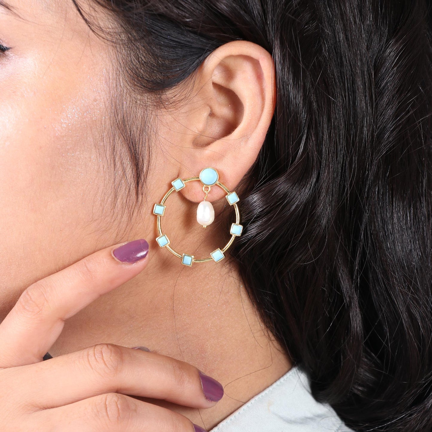 Gold Plated Brass Turquoise and Pearl Big Round Multi Stone Stud Earrings for Women