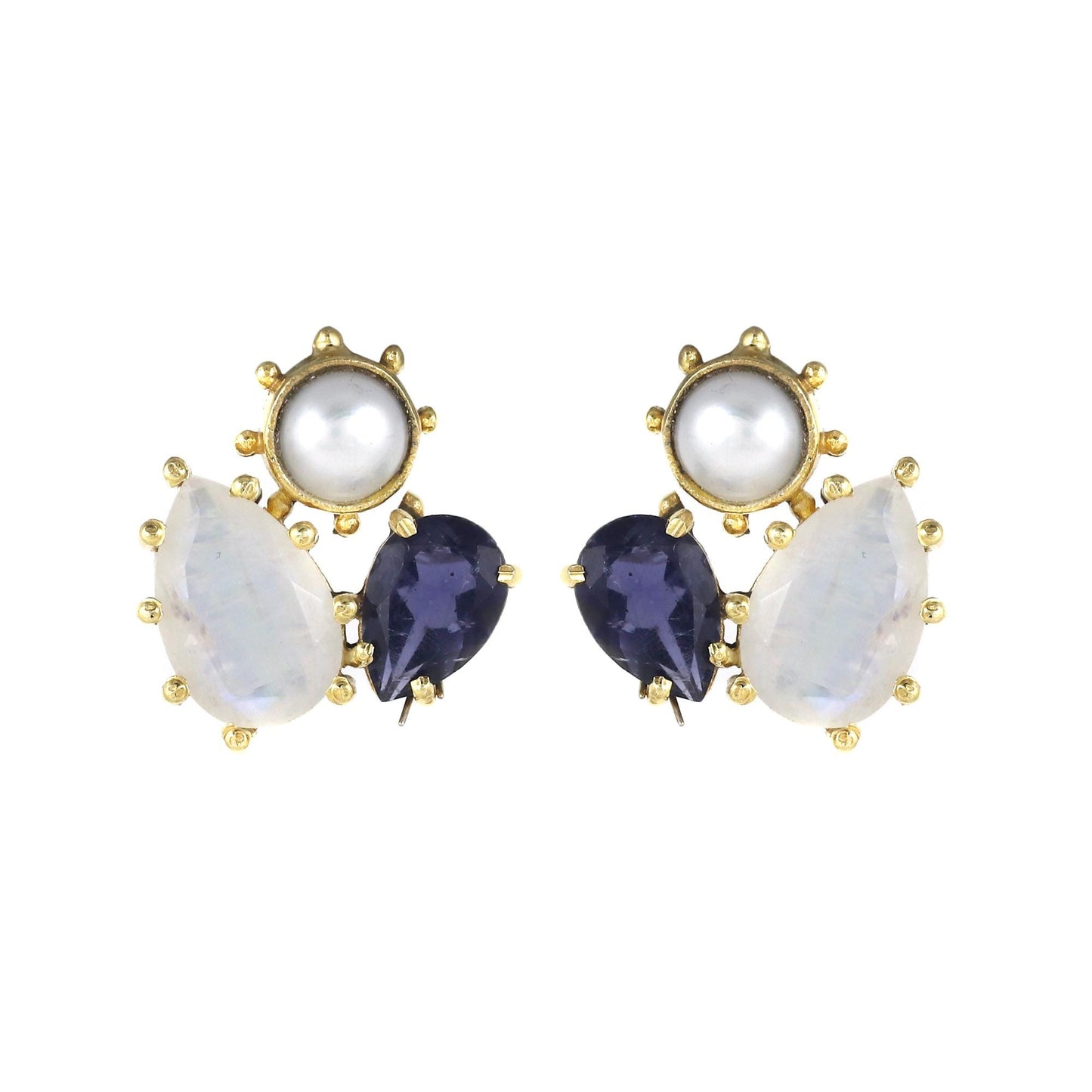 Gold Plated Brass Stud Earrings with Rainbow Moonstone, Iolite, Pearl