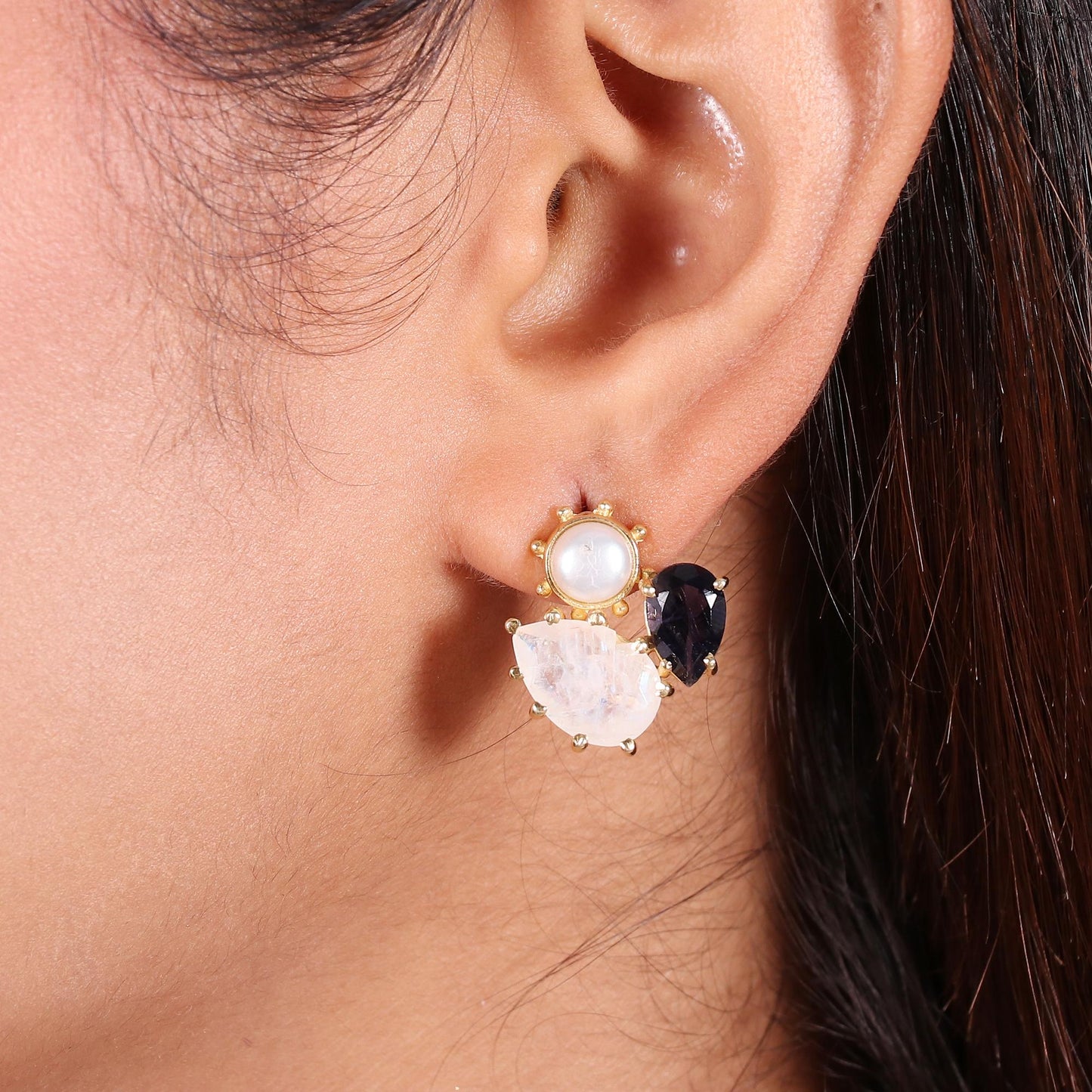 Gold Plated Brass Stud Earrings with Rainbow Moonstone, Iolite, Pearl