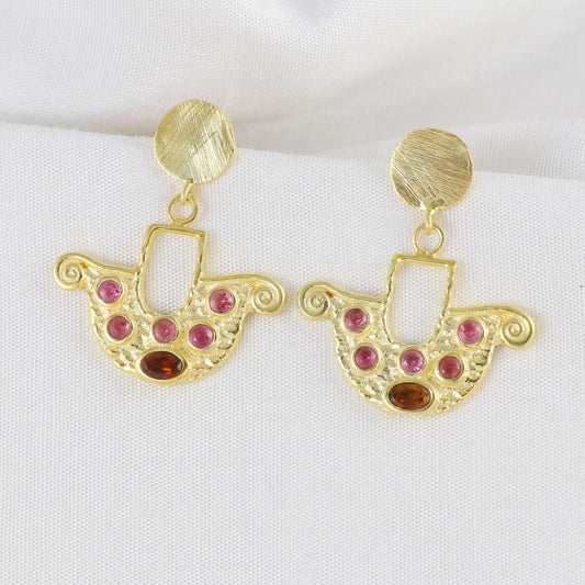 Multi Tourmaline Gold plated brass earrings, Statement everyday wear jewelry