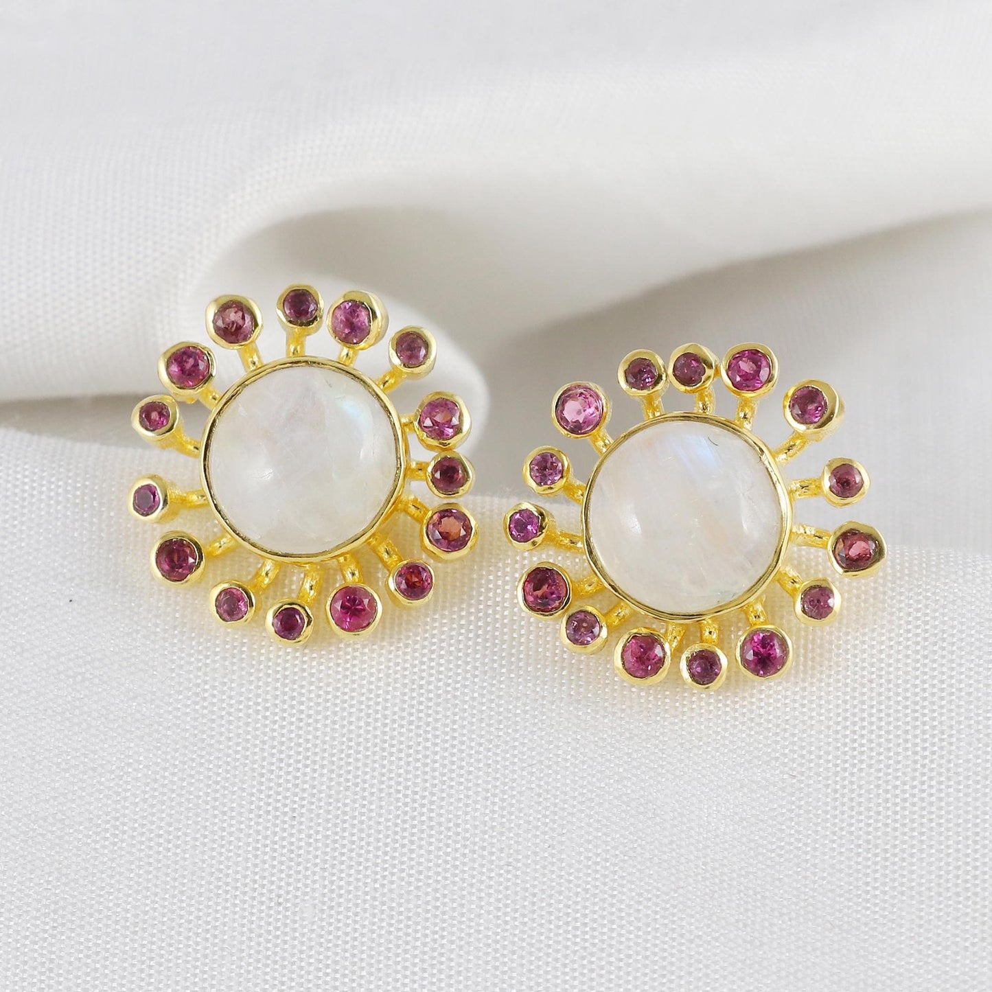 Rainbow Moonstone and Pink Tourmaline Gold Plated Brass Stud Earrings