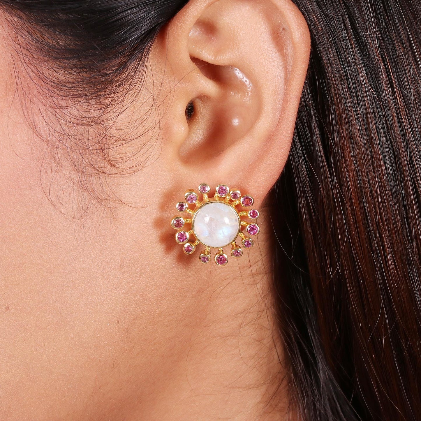 Rainbow Moonstone and Pink Tourmaline Gold Plated Brass Stud Earrings