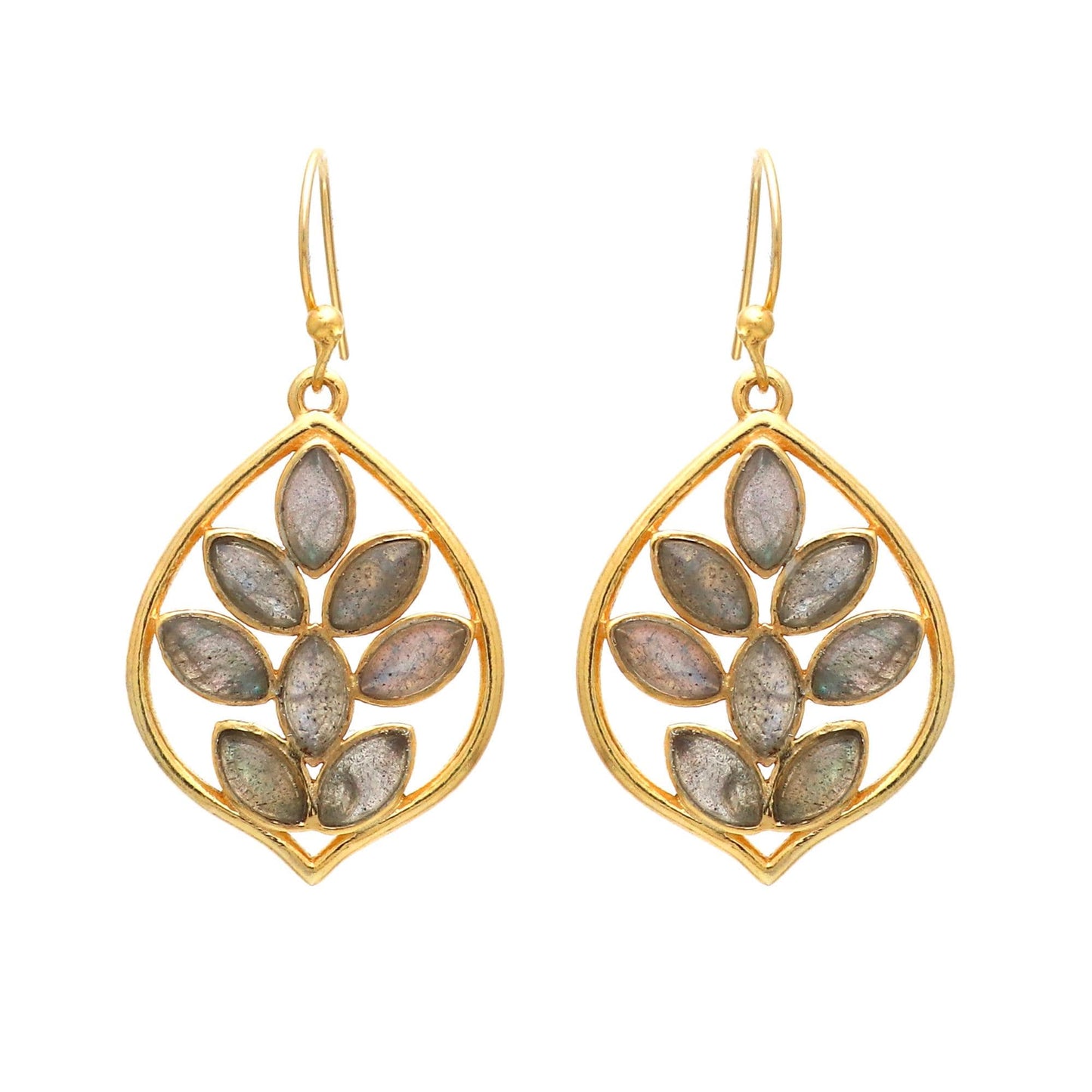 Gold Plated Brass Blue Labradorite Leaf Earrings, Daily Casual Wear