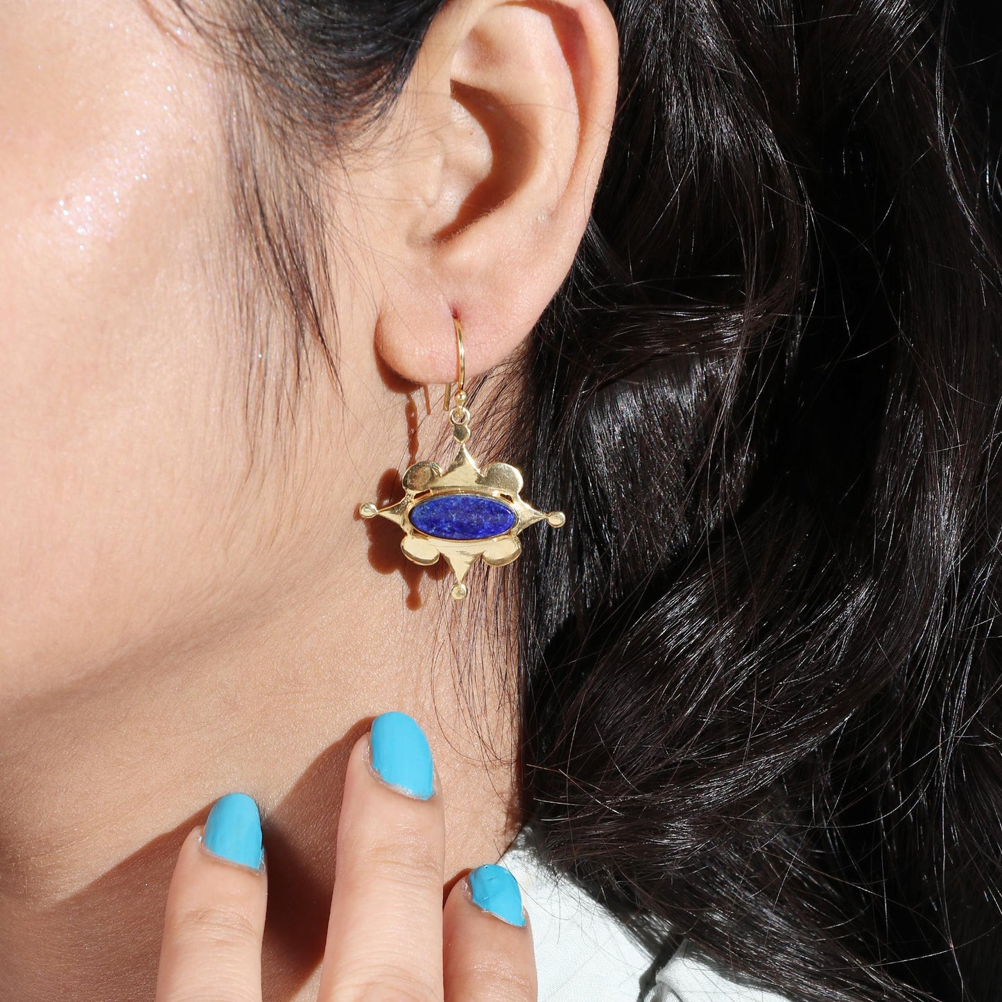 Lapis lazuli brass gold plated earrings, Natural oval shape gemstone earrings for everyday wear