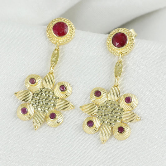 Gold Plated Brass Ruby Flower Earrings, Minimal small daily wear earrings with pink gemstone