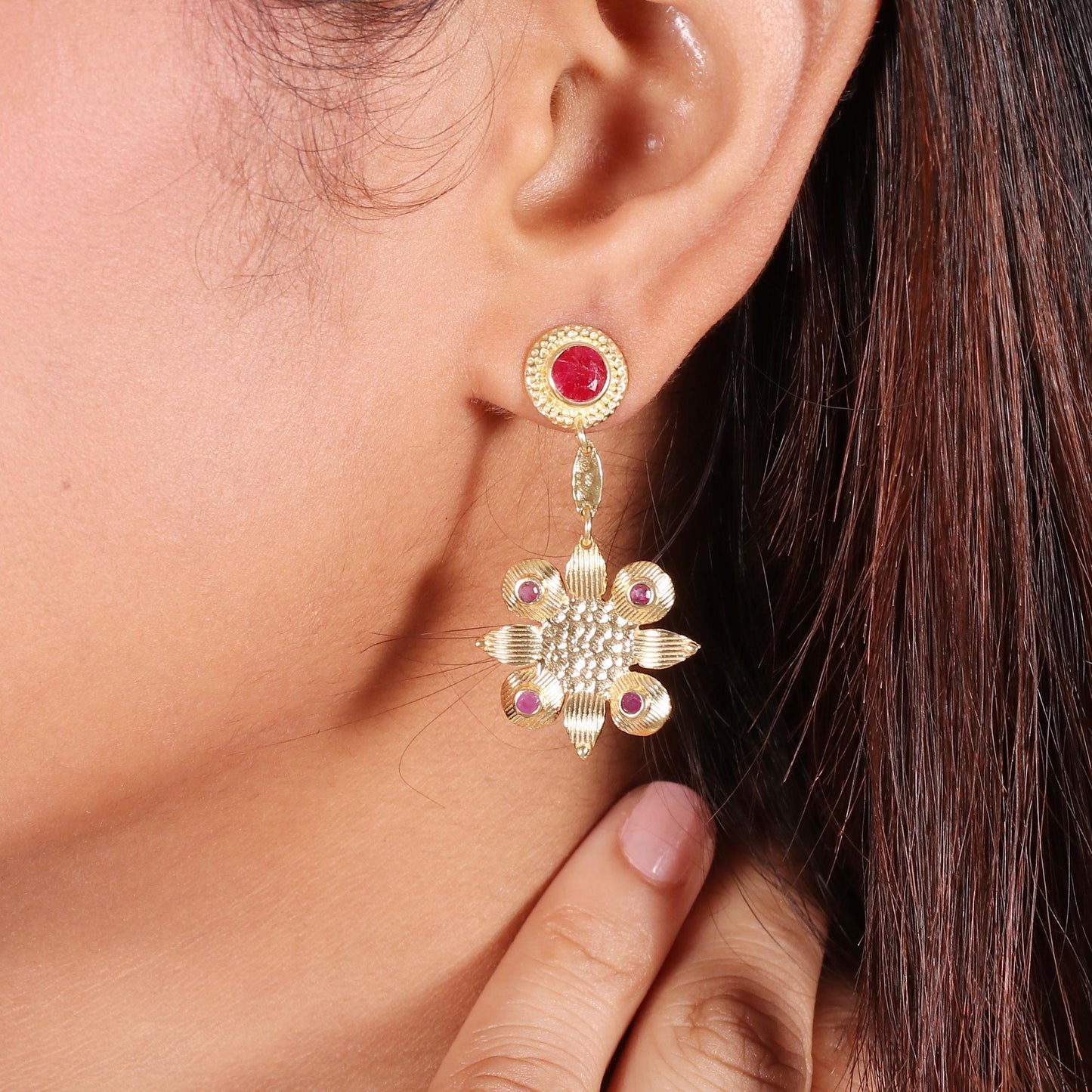 Gold Plated Brass Ruby Flower Earrings, Minimal small daily wear earrings with pink gemstone