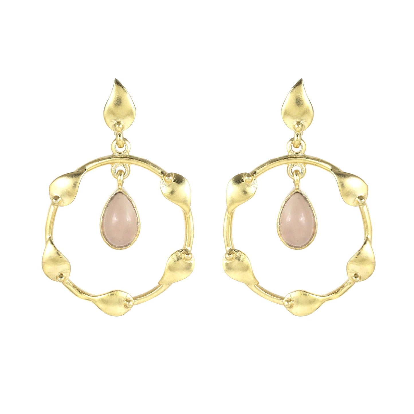 Rose Quartz Floral Gold Plated Brass Earrings, Leafy Design (32mm x 23mm)
