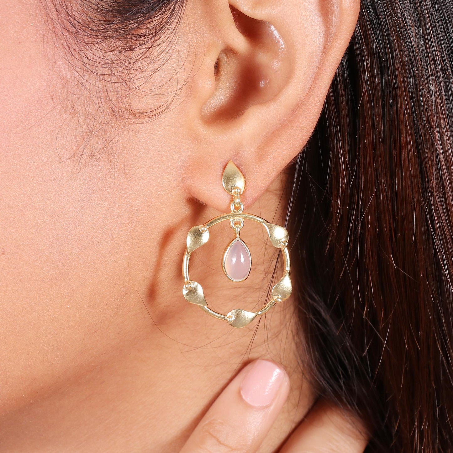 Rose Quartz Floral Gold Plated Brass Earrings, Leafy Design (32mm x 23mm)
