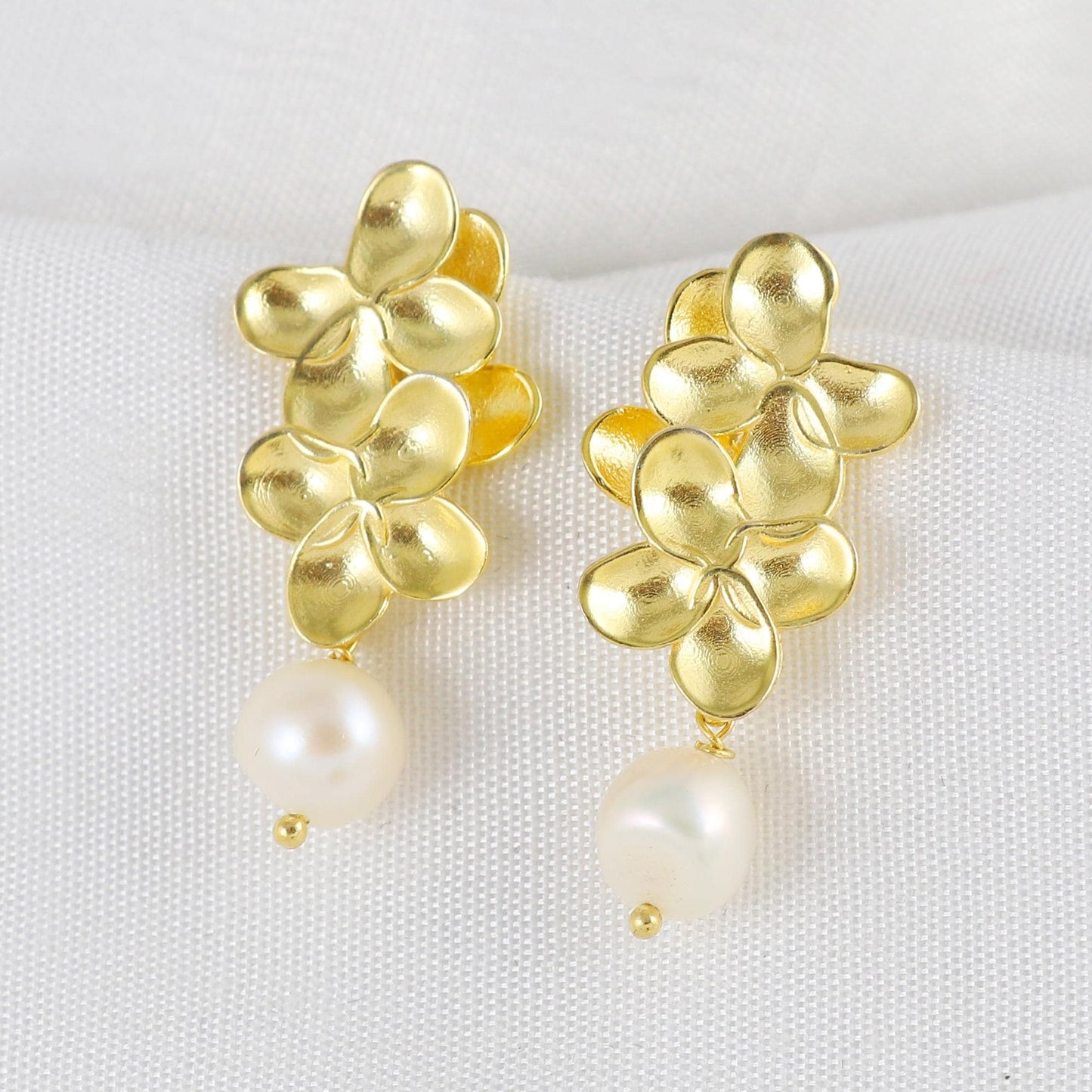 Gold Plated Brass floral Pearl Earrings for party wear