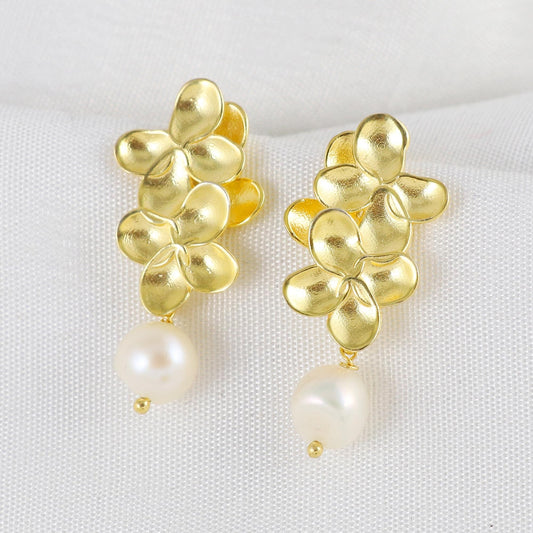Gold Plated Brass floral Pearl Earrings for party wear