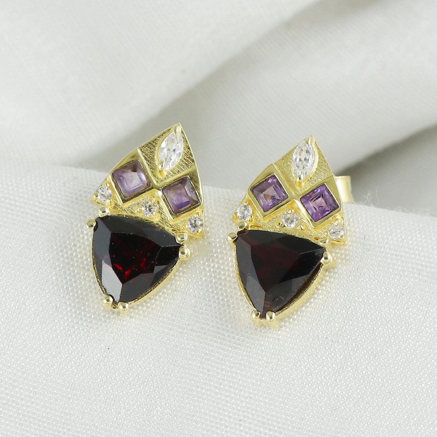 Gold Plated Brass Garnet Amethyst Stud Earrings, Cubic Zirconia Accents